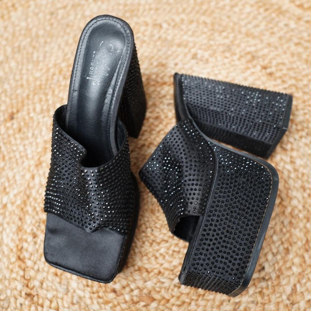 Shellys London Black Rhinestone Mules US 10